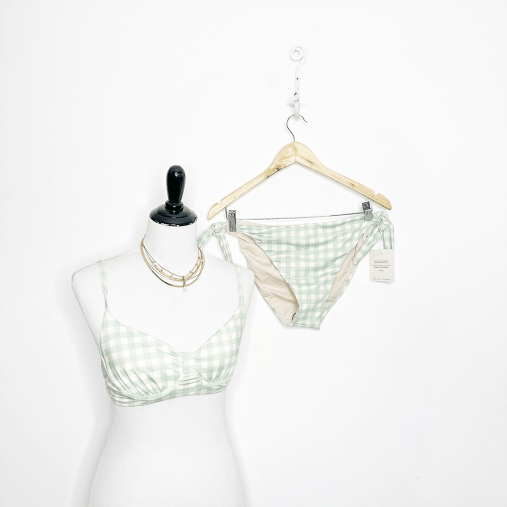 KITTY AND VIBE Side Tie Bottoms Bikini Sage Gingham womens 2XL1 NWT